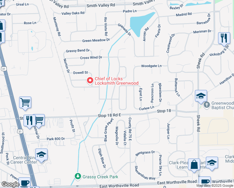 map of restaurants, bars, coffee shops, grocery stores, and more near 1418 Green Spring Way in Greenwood