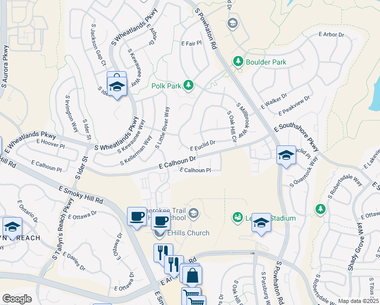 map of restaurants, bars, coffee shops, grocery stores, and more near 25830 East Euclid Drive in Aurora
