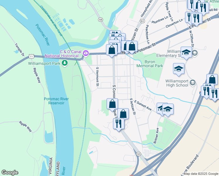 map of restaurants, bars, coffee shops, grocery stores, and more near West Frederick Street in Williamsport