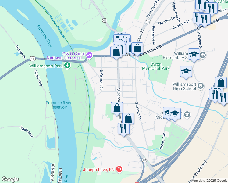 map of restaurants, bars, coffee shops, grocery stores, and more near West Frederick Street in Williamsport