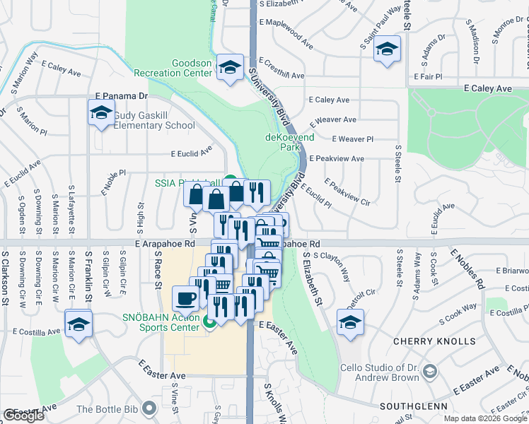 map of restaurants, bars, coffee shops, grocery stores, and more near 6631 South University Boulevard in Centennial
