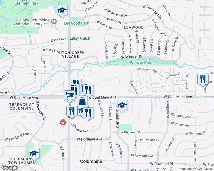 map of restaurants, bars, coffee shops, grocery stores, and more near 6340 West Summit Drive in Littleton