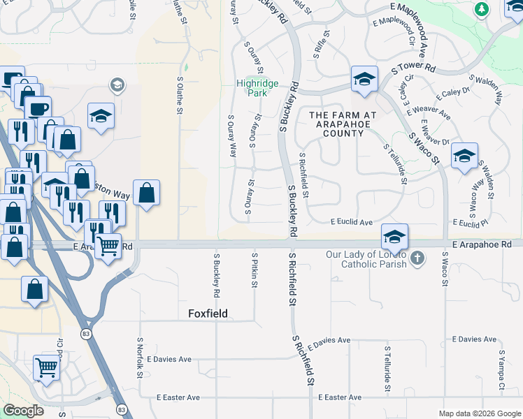 map of restaurants, bars, coffee shops, grocery stores, and more near 16861 East Euclid Lane in Aurora