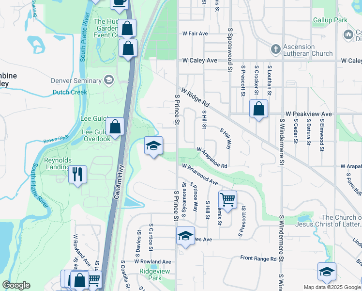map of restaurants, bars, coffee shops, grocery stores, and more near 6567 South Prince Street in Littleton