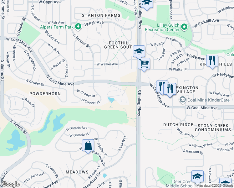 map of restaurants, bars, coffee shops, grocery stores, and more near 6315 South Kipling Parkway in Littleton