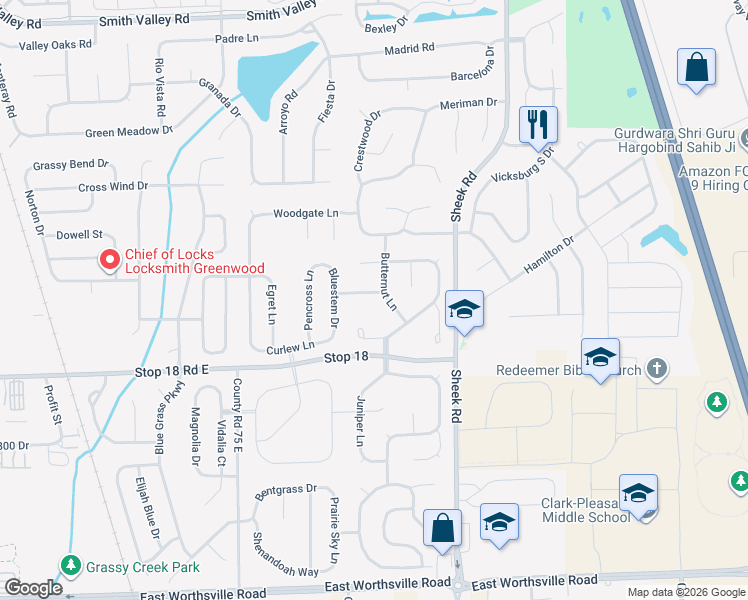 map of restaurants, bars, coffee shops, grocery stores, and more near 1042 Fountain Grass Drive in Greenwood