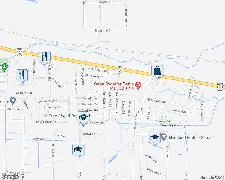 map of restaurants, bars, coffee shops, grocery stores, and more near 171 Westward Lane in Fernley