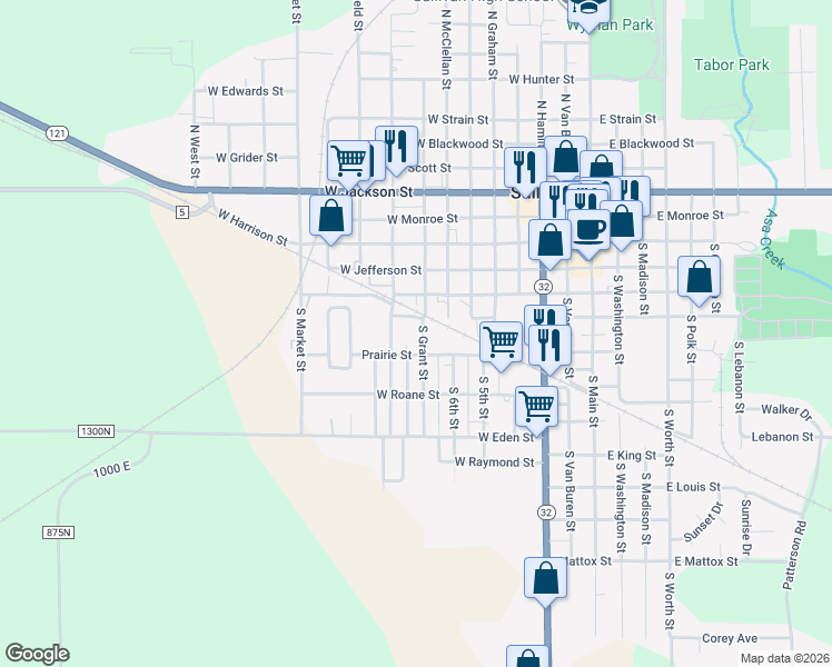 map of restaurants, bars, coffee shops, grocery stores, and more near 301-399 South Grant Street in Sullivan