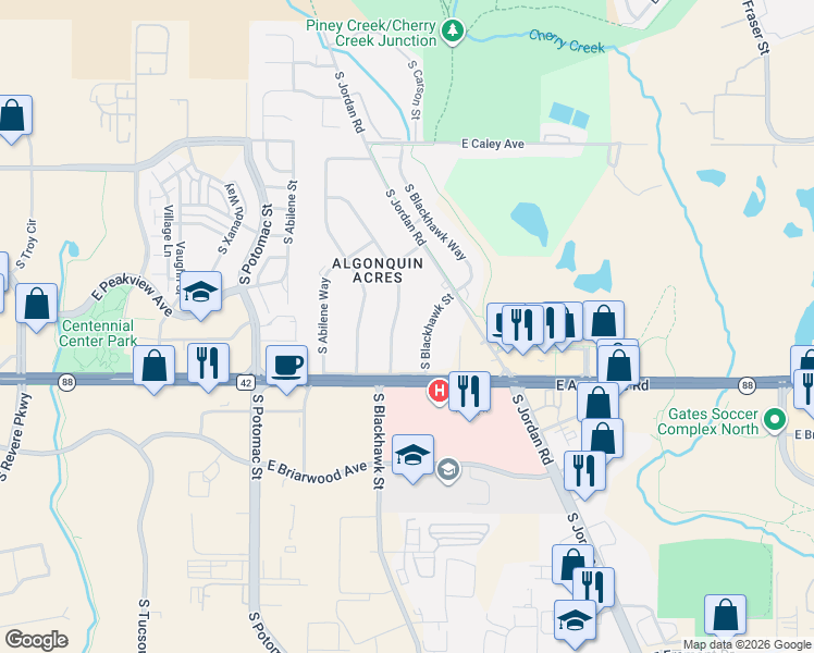 map of restaurants, bars, coffee shops, grocery stores, and more near 6627 South Blackhawk Street in Centennial