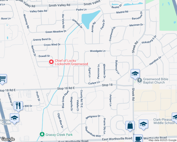 map of restaurants, bars, coffee shops, grocery stores, and more near 1412 Egret Lane in Greenwood