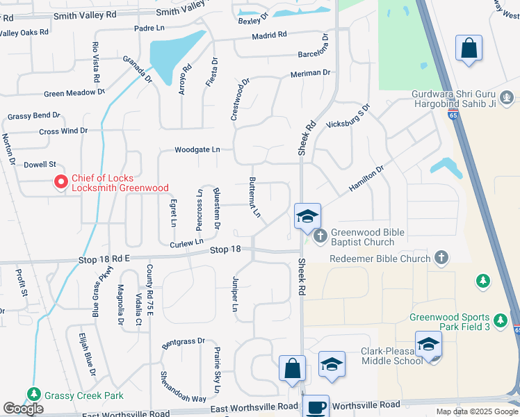 map of restaurants, bars, coffee shops, grocery stores, and more near 1417 Butternut Lane in Greenwood