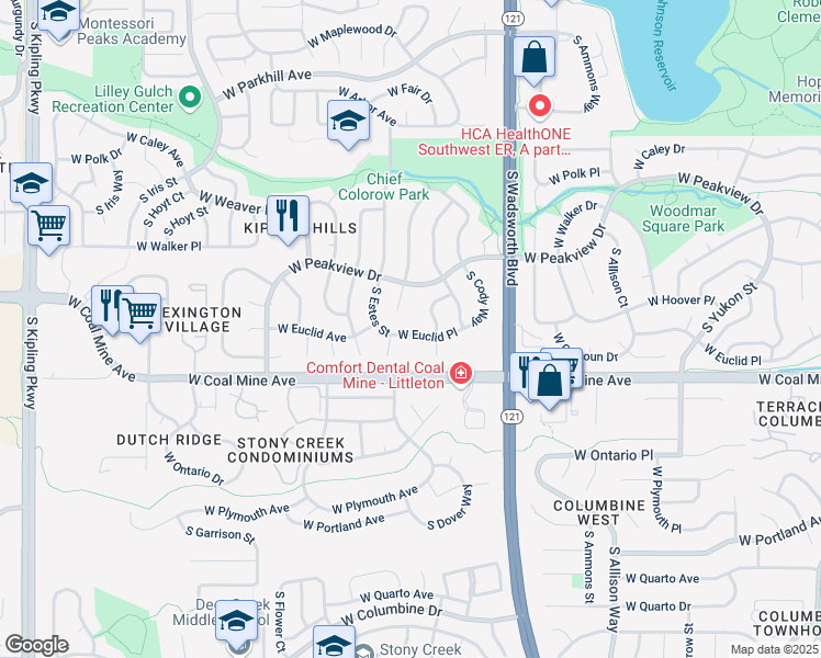 map of restaurants, bars, coffee shops, grocery stores, and more near 8719 West Euclid Place in Littleton