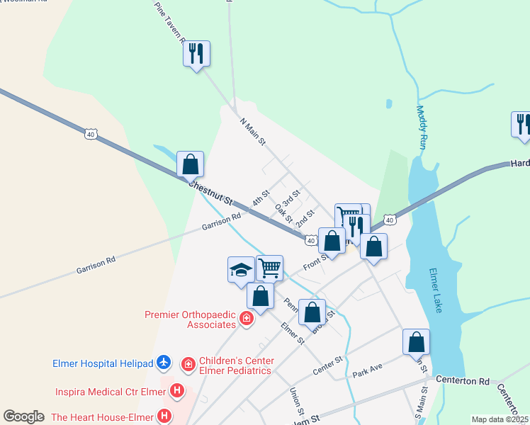 map of restaurants, bars, coffee shops, grocery stores, and more near 109 3rd Street in Elmer