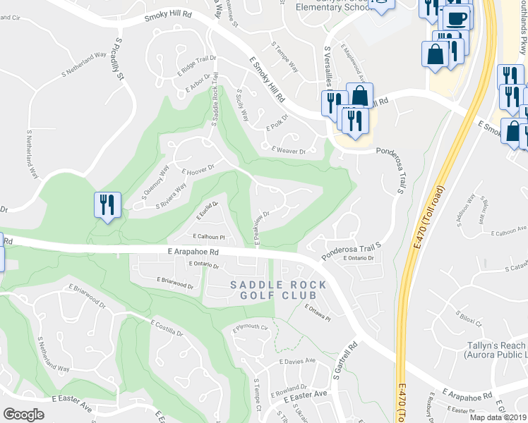 map of restaurants, bars, coffee shops, grocery stores, and more near 22551 East Euclid Place in Aurora