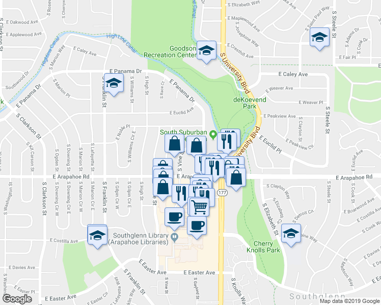 map of restaurants, bars, coffee shops, grocery stores, and more near 6590 South Vine Street in Centennial