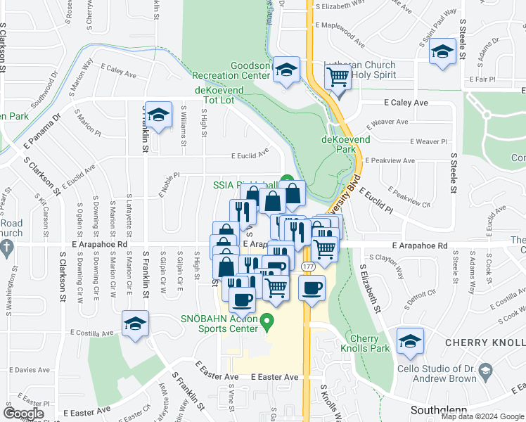 map of restaurants, bars, coffee shops, grocery stores, and more near 6590 South Vine Street in Centennial