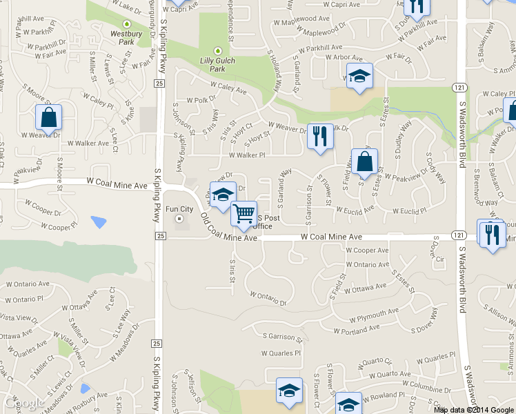 map of restaurants, bars, coffee shops, grocery stores, and more near 9517 West Ontario Drive in Littleton