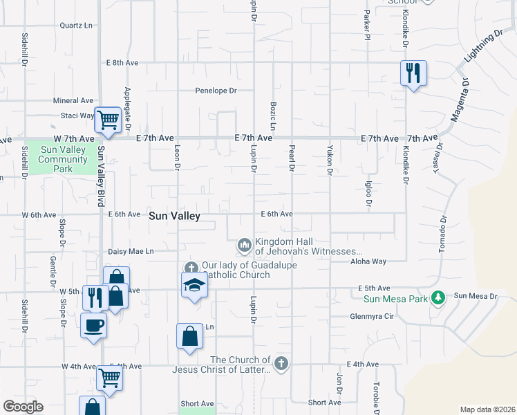 map of restaurants, bars, coffee shops, grocery stores, and more near 5624 Lupin Drive in Sun Valley