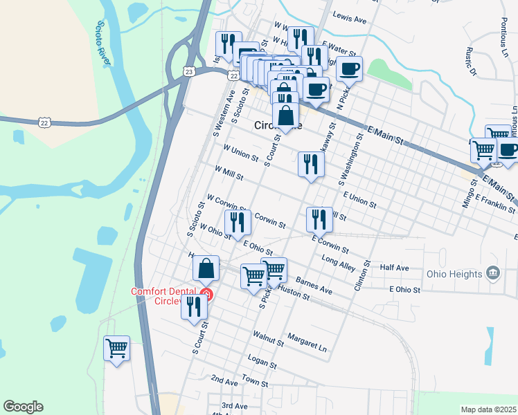 map of restaurants, bars, coffee shops, grocery stores, and more near 532 South Court Street in Circleville