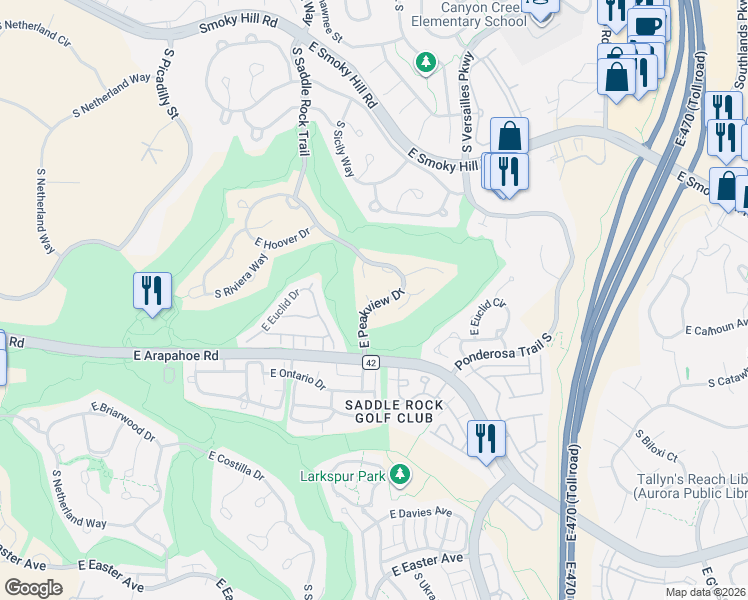 map of restaurants, bars, coffee shops, grocery stores, and more near 22551 East Euclid Place in Aurora