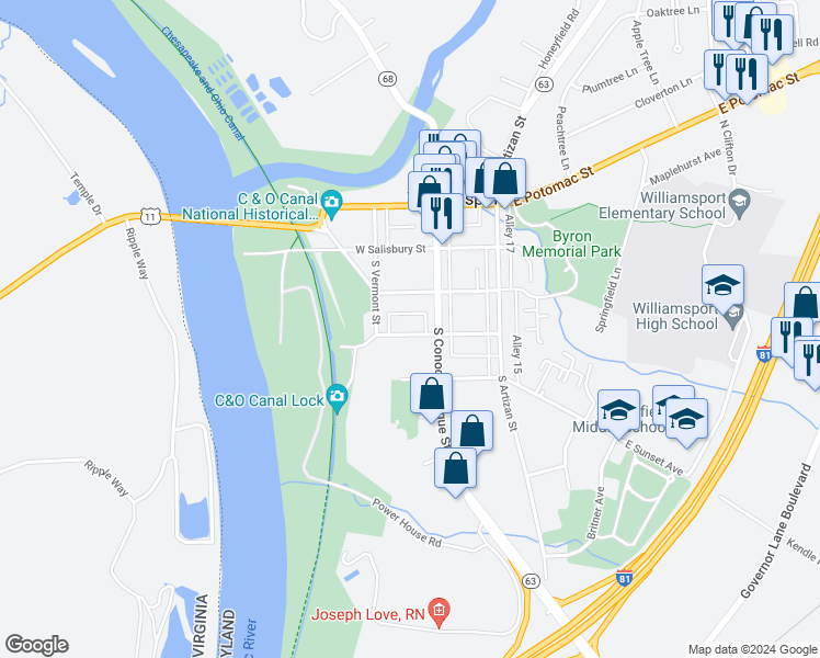 map of restaurants, bars, coffee shops, grocery stores, and more near 23 West Frederick Street in Williamsport