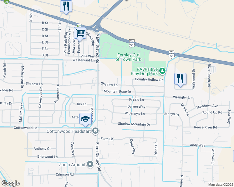 map of restaurants, bars, coffee shops, grocery stores, and more near 1205 Mountain Rose Drive in Fernley