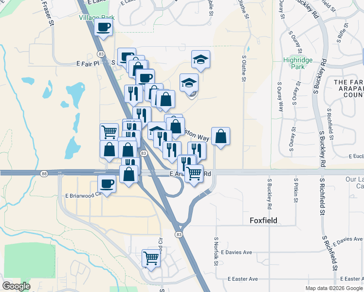 map of restaurants, bars, coffee shops, grocery stores, and more near 6584 South Parker Road in Aurora
