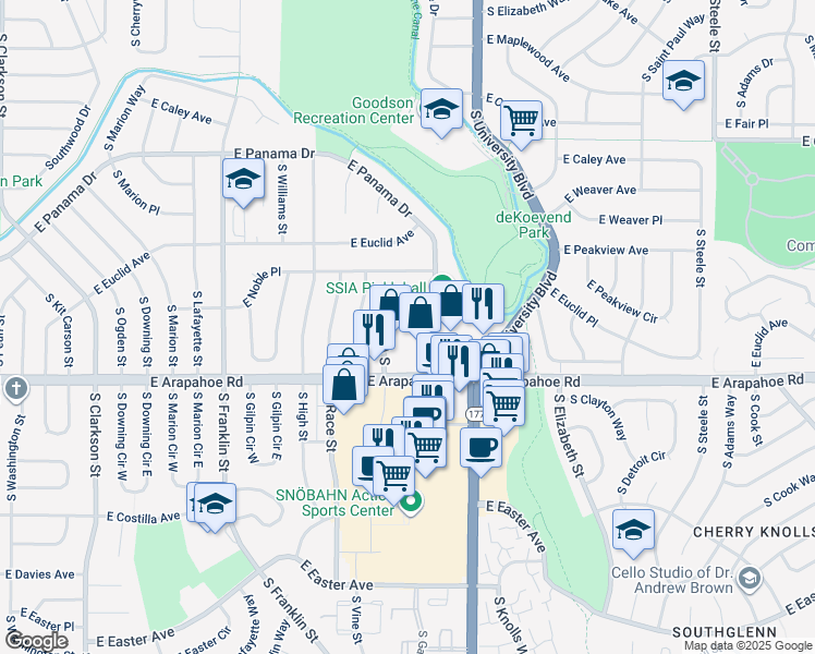 map of restaurants, bars, coffee shops, grocery stores, and more near 6600 South Vine Street in Centennial