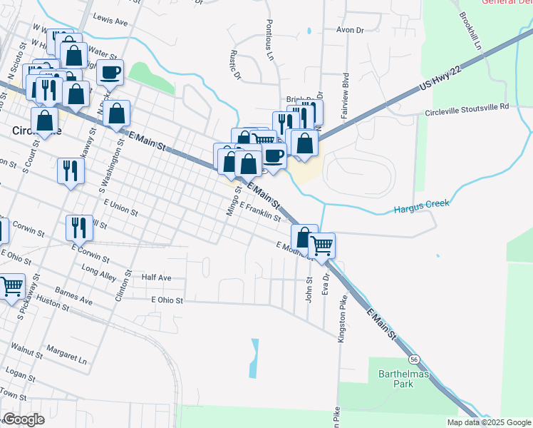 map of restaurants, bars, coffee shops, grocery stores, and more near 552 East Franklin Street in Circleville