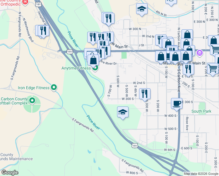 map of restaurants, bars, coffee shops, grocery stores, and more near 230 South 700 West in Price