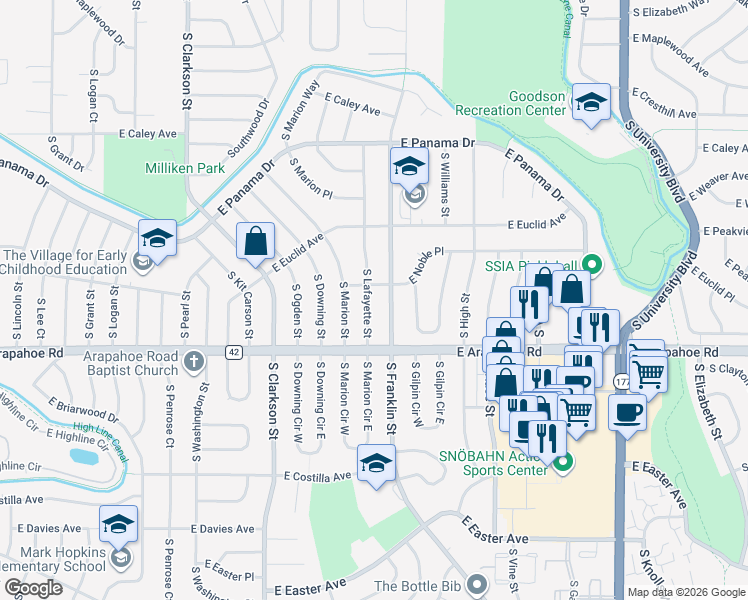 map of restaurants, bars, coffee shops, grocery stores, and more near 6609 South Lafayette Street in Centennial