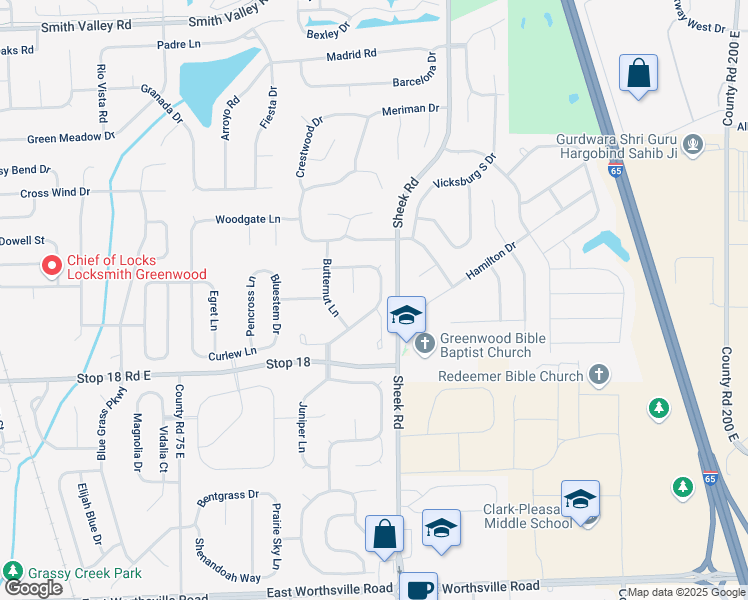 map of restaurants, bars, coffee shops, grocery stores, and more near 1447 Vinewood Drive in Greenwood
