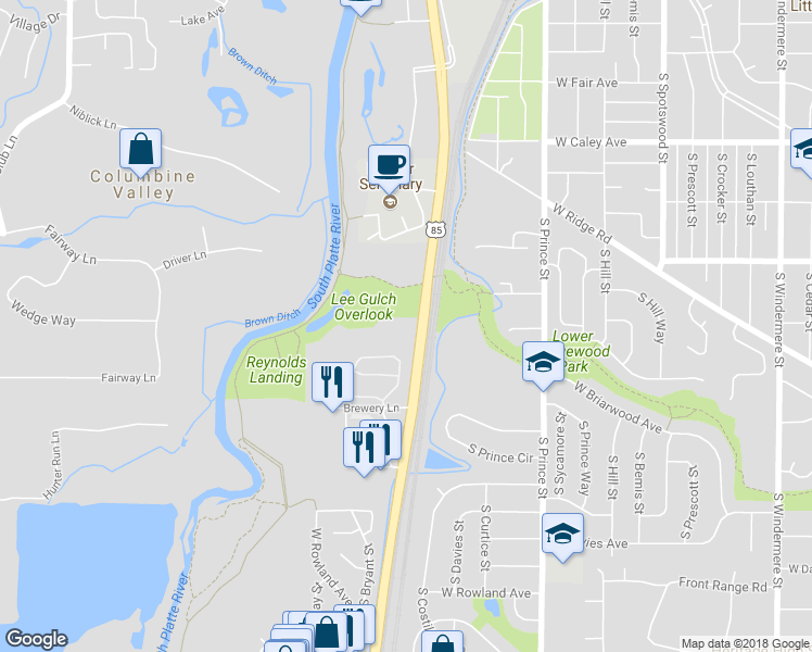 map of restaurants, bars, coffee shops, grocery stores, and more near 6601 South Santa Fe Drive in Littleton