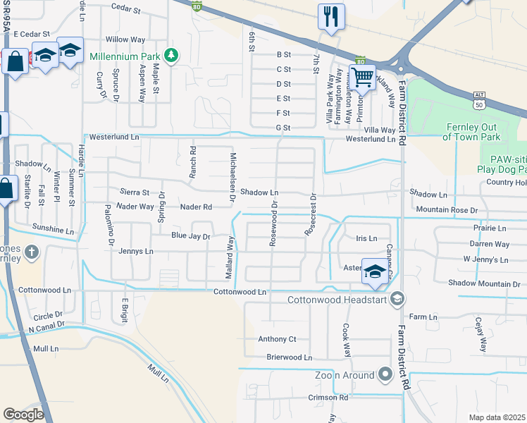 map of restaurants, bars, coffee shops, grocery stores, and more near 813 Columbine Court in Fernley