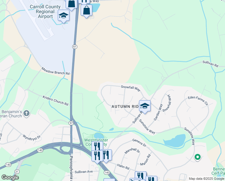 map of restaurants, bars, coffee shops, grocery stores, and more near 43 Falling Leaf Court in Westminster