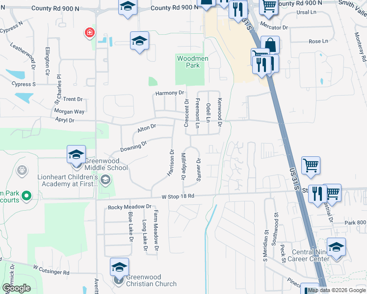 map of restaurants, bars, coffee shops, grocery stores, and more near 1354 Millridge Drive in Greenwood