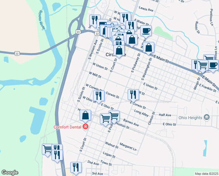 map of restaurants, bars, coffee shops, grocery stores, and more near 532 South Court Street in Circleville