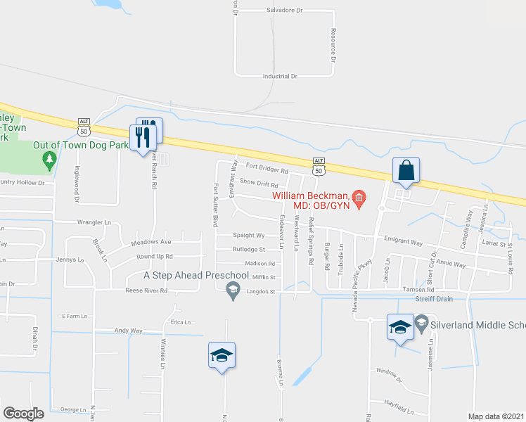 map of restaurants, bars, coffee shops, grocery stores, and more near 330 Emigrant Way in Fernley