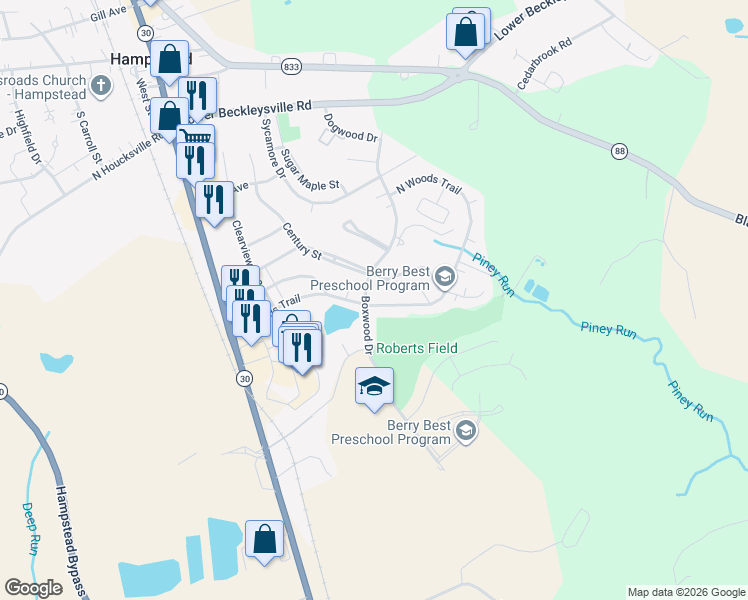 map of restaurants, bars, coffee shops, grocery stores, and more near 4402 North Woods Trail in Hampstead