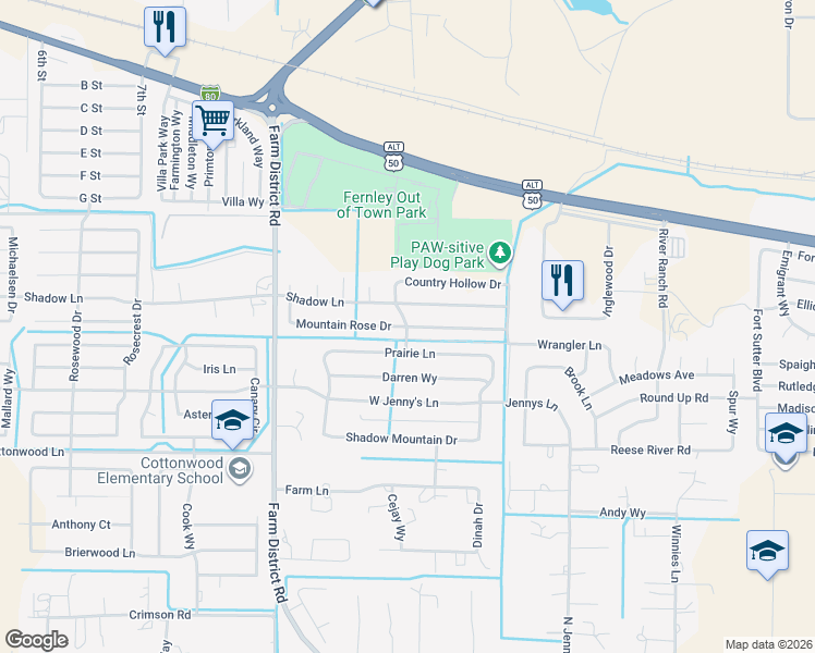 map of restaurants, bars, coffee shops, grocery stores, and more near Mountain Rose Drive in Fernley