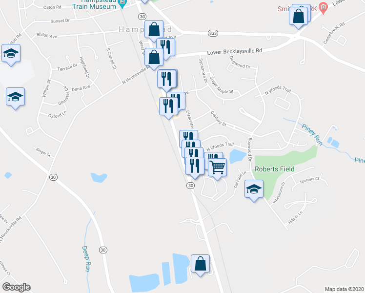 map of restaurants, bars, coffee shops, grocery stores, and more near 807 South Main Street in Hampstead