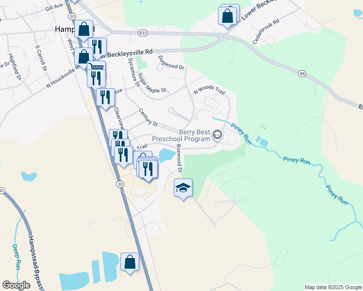 map of restaurants, bars, coffee shops, grocery stores, and more near 821 Boxwood Drive in Hampstead