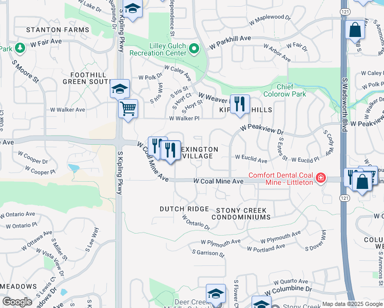 map of restaurants, bars, coffee shops, grocery stores, and more near 9517 West Ontario Drive in Littleton