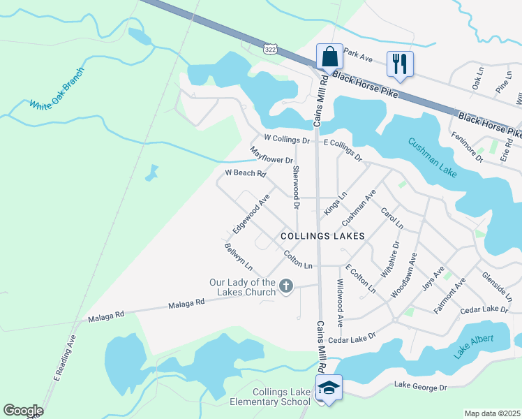 map of restaurants, bars, coffee shops, grocery stores, and more near 121 Delwyn Lane in Buena Vista Township