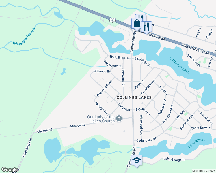 map of restaurants, bars, coffee shops, grocery stores, and more near 121 Delwyn Lane in Buena Vista Township
