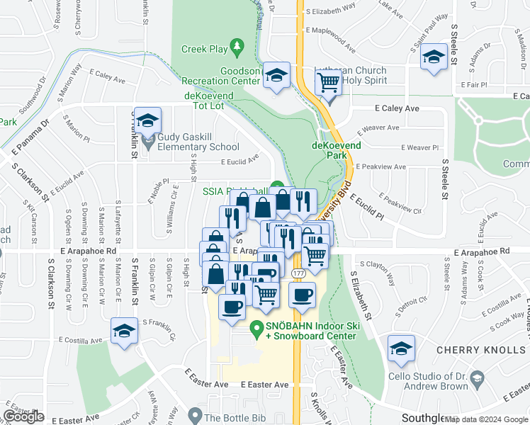 map of restaurants, bars, coffee shops, grocery stores, and more near 6590 South Vine Street in Centennial