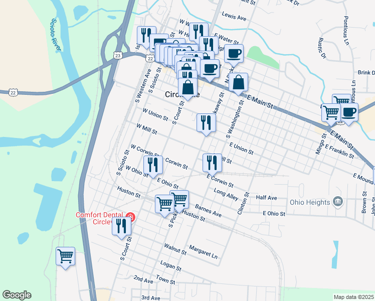map of restaurants, bars, coffee shops, grocery stores, and more near 151 East Mill Street in Circleville