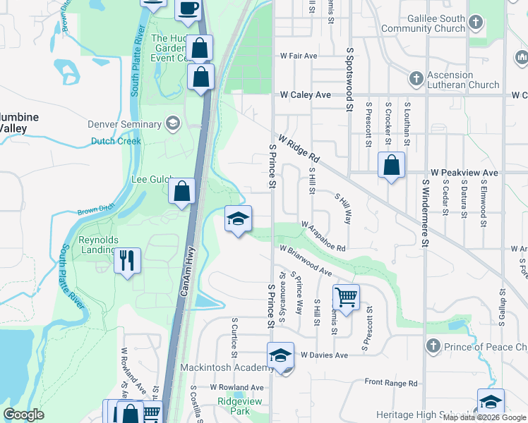 map of restaurants, bars, coffee shops, grocery stores, and more near 6567 South Prince Street in Littleton