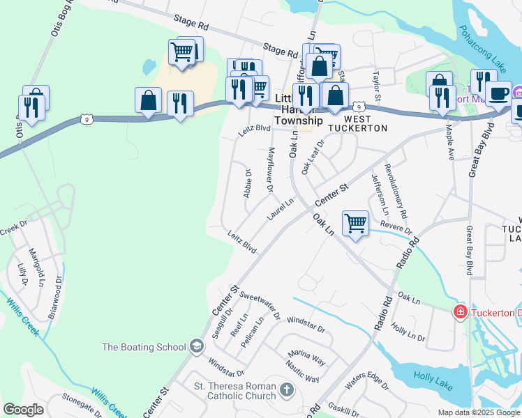 map of restaurants, bars, coffee shops, grocery stores, and more near 12 Pikes Peak Road in Ocean County