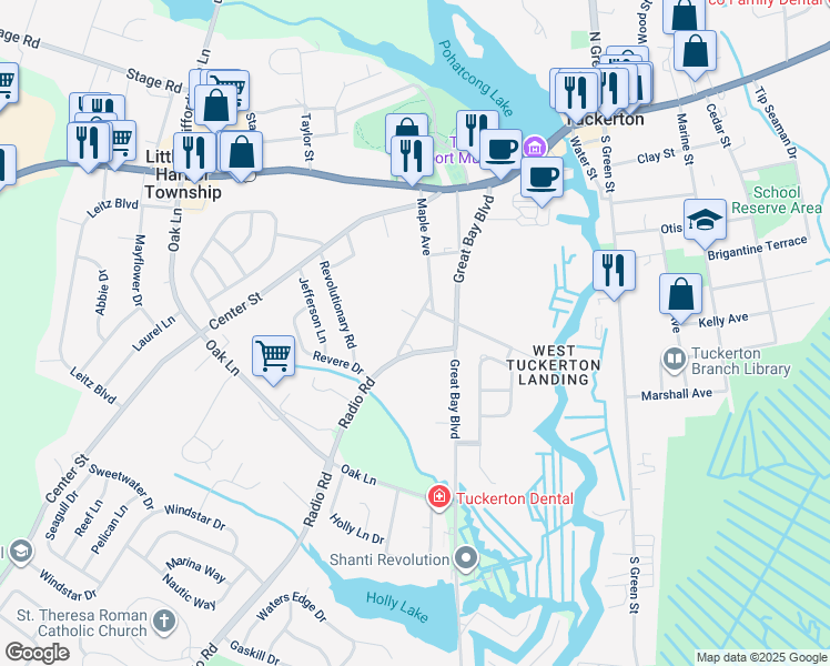 map of restaurants, bars, coffee shops, grocery stores, and more near 223 Western Avenue in Tuckerton